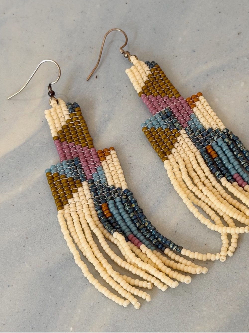 Handmade Glass Beaded Fringe Earrings in Cream, Blue & Olive - Picture 2 of 2